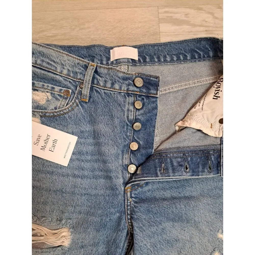 Revolve Boyish Tommy High-Rise Straight Distressed Jeans Button Fly 27 Raw Hem - Picture 6 of 9